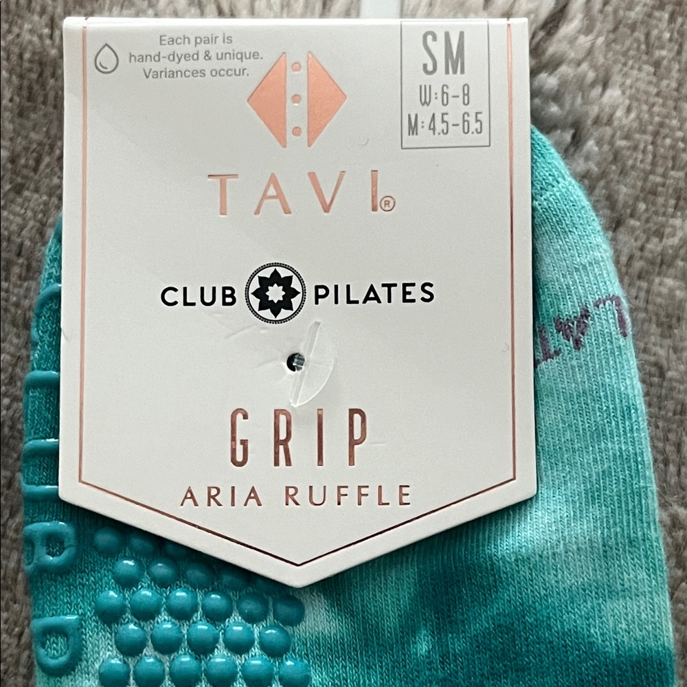Club Pilates Tavi Women's Aria Ruffle Teal Grip Socks with purple butterfly - Picture 3 of 7